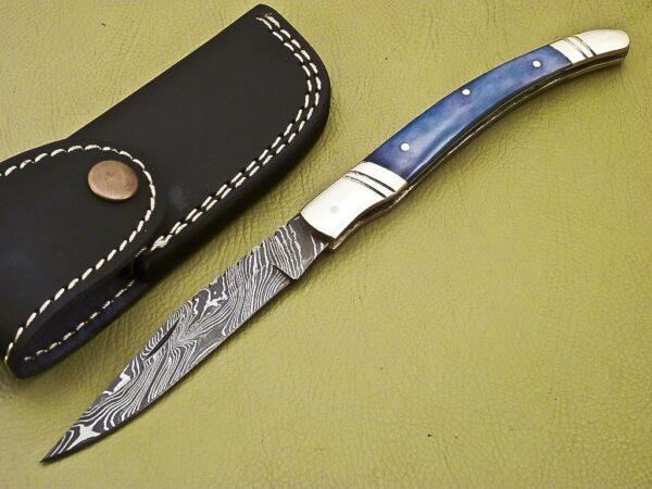 Custom Damascus Folding Pocket Knife With Blue Colored Bone Handle Fk 36 1