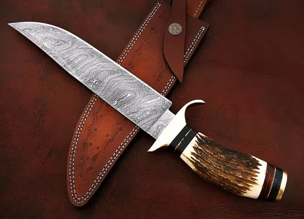 Custom Damascus Hunting Knife With Stag Horn Handle HK 32 02