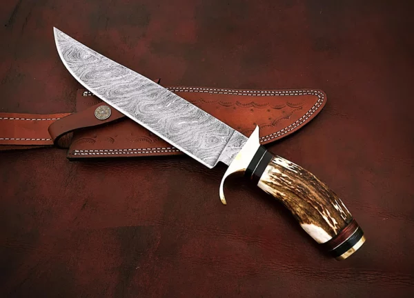 Custom Damascus Hunting Knife With Stag Horn Handle HK 32 07
