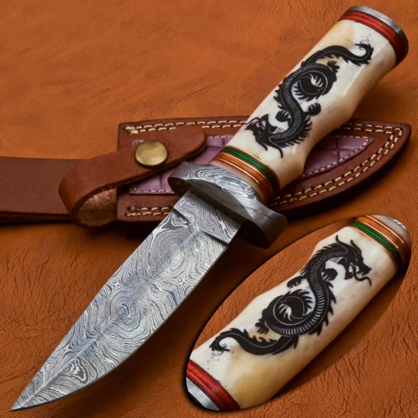 Custom Damascus Steel Beautiful Hunting Knife with Scrimshaw Handle HK 05 1