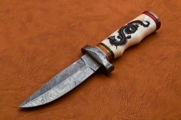 Custom Damascus Steel Beautiful Hunting Knife with Scrimshaw Handle HK 05 2