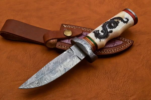 Custom Damascus Steel Beautiful Hunting Knife with Scrimshaw Handle HK 05 6