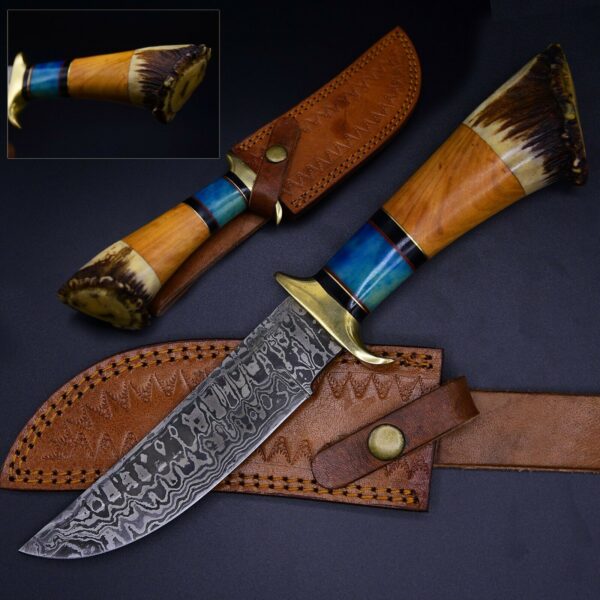 Custom Damascus Steel Splendid Bowie Knife with Crown Stag Olive Wood Colored Bone BK 23 1 1
