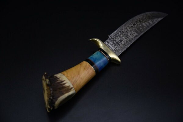 Custom Damascus Steel Splendid Bowie Knife with Crown Stag Olive Wood Colored Bone BK 23 4