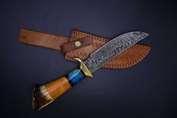Custom Damascus Steel Splendid Bowie Knife with Crown Stag Olive Wood Colored Bone BK 23 6