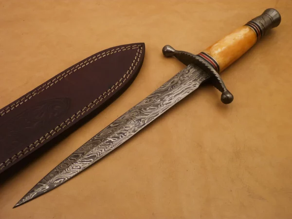 Custom Hand Made Damascus Steel Beautiful Dagger Knife with Colored Camel Bone Handle DK 18 1