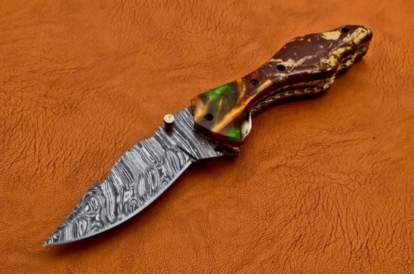Custom Hand Made Damascus Steel Beautiful Hunting Pocket Knife With Risen Sheath Handle Fk 47 1