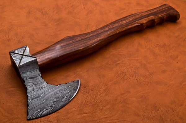 Custom Hand Made Damascus Steel Hunting Axe With Rose Wood Handle AX 4 10