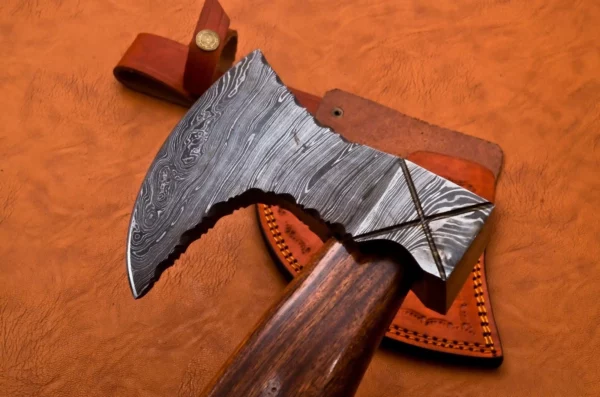 Custom Hand Made Damascus Steel Hunting Axe With Rose Wood Handle AX 4 6