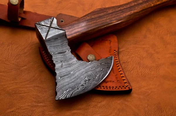 Custom Hand Made Damascus Steel Hunting Axe With Rose Wood Handle AX 4 8