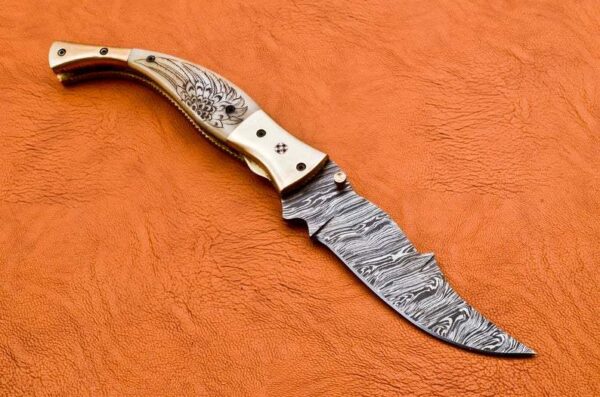 Custom Hand Made Damascus Steel Hunting Pocket Knife With Colored Bone Etching on Handle Fk 44 1