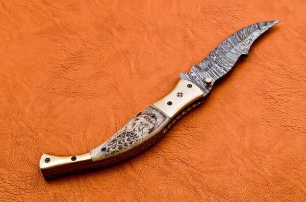Custom Hand Made Damascus Steel Hunting Pocket Knife With Colored Bone Etching on Handle Fk 44 2