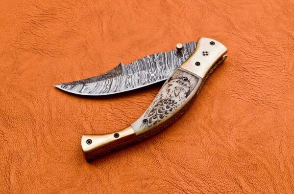 Custom Hand Made Damascus Steel Hunting Pocket Knife With Colored Bone Etching on Handle Fk 44 5