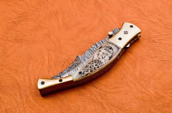 Custom Hand Made Damascus Steel Hunting Pocket Knife With Colored Bone Etching on Handle Fk 44 6