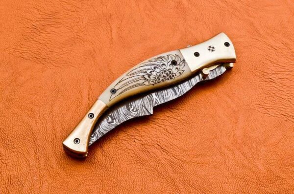 Custom Hand Made Damascus Steel Hunting Pocket Knife With Colored Bone Etching on Handle Fk 44 7