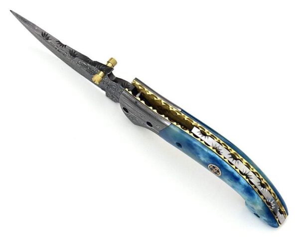 Custom Hand Made Damascus Steel Hunting Pocket Knife With Colored Bone Handle Fk 42 2