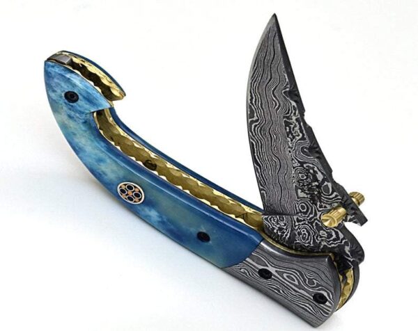 Custom Hand Made Damascus Steel Hunting Pocket Knife With Colored Bone Handle Fk 42 5
