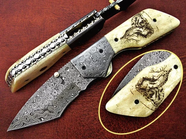 Custom Hand Made Damascus Steel Hunting Pocket Knife With Etching On Camel Bone Handle FK 25 1