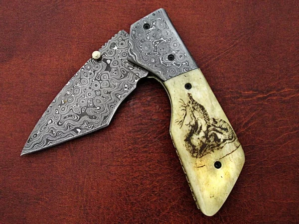 Custom Hand Made Damascus Steel Hunting Pocket Knife With Etching On Camel Bone Handle FK 25 3