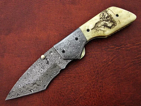 Custom Hand Made Damascus Steel Hunting Pocket Knife With Etching On Camel Bone Handle FK 25 4