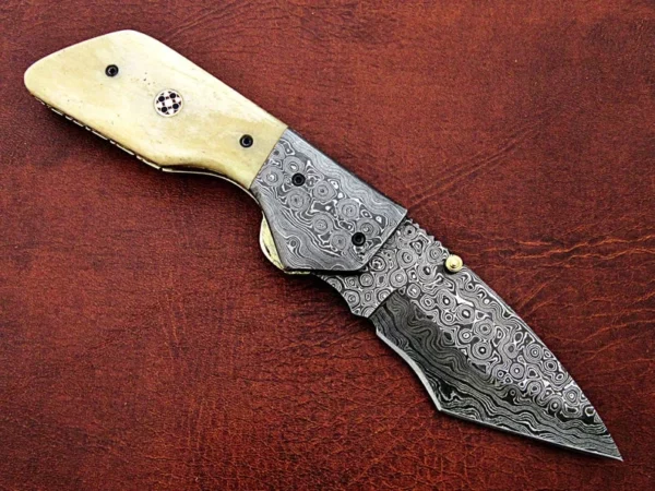 Custom Hand Made Damascus Steel Hunting Pocket Knife With Etching On Camel Bone Handle FK 25 5