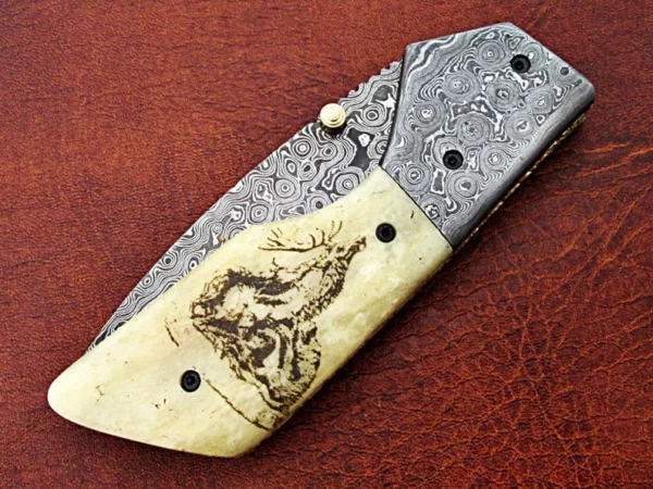 Custom Hand Made Damascus Steel Hunting Pocket Knife With Etching On Camel Bone Handle FK 25 7