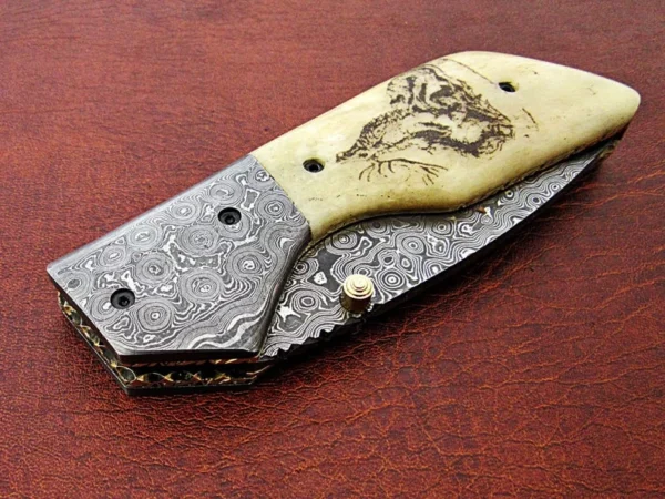 Custom Hand Made Damascus Steel Hunting Pocket Knife With Etching On Camel Bone Handle FK 25 8