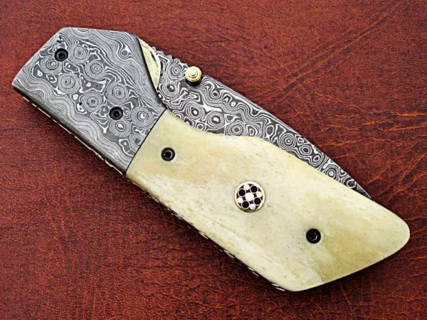 Custom Hand Made Damascus Steel Hunting Pocket Knife With Etching On Camel Bone Handle FK 25 9