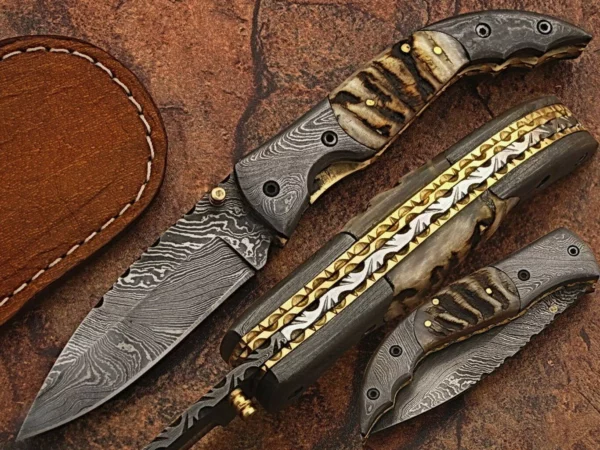Custom Hand Made Damascus Steel Hunting Pocket Knife With Ram Horn Handle FK 22 1