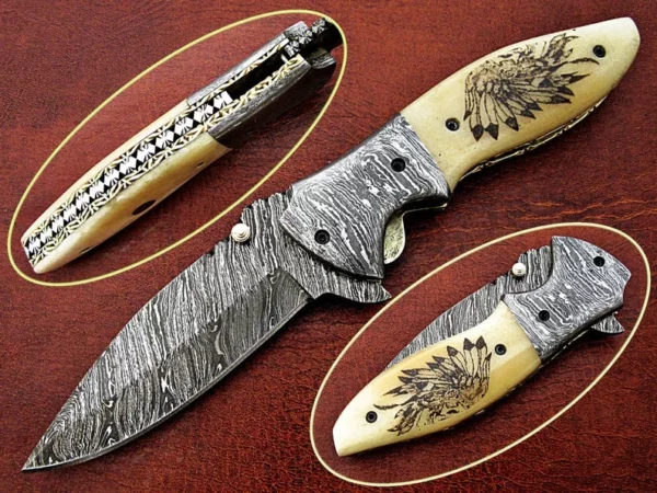 Custom Hand Made Damascus Steel Hunting Pocket Knife With camel Bone Etching Handle Fk 66 1