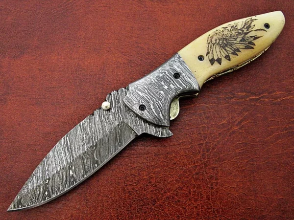 Custom Hand Made Damascus Steel Hunting Pocket Knife With camel Bone Etching Handle Fk 66 3