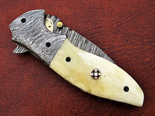Custom Hand Made Damascus Steel Hunting Pocket Knife With camel Bone Etching Handle Fk 66 4