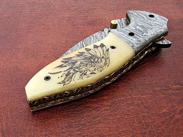 Custom Hand Made Damascus Steel Hunting Pocket Knife With camel Bone Etching Handle Fk 66 5