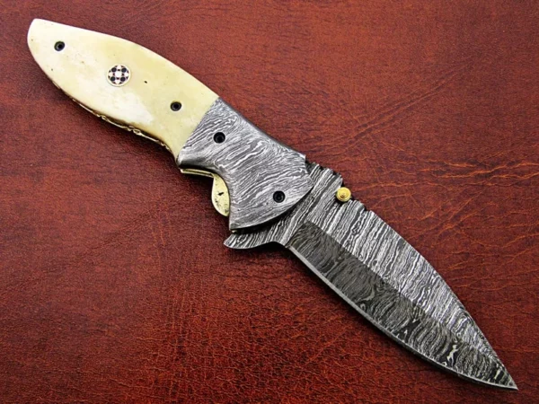 Custom Hand Made Damascus Steel Hunting Pocket Knife With camel Bone Etching Handle Fk 66 7