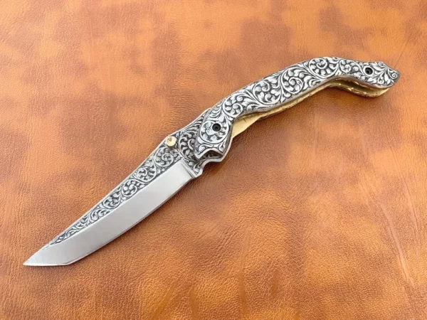 Custom Hand Made Damascus Steel Hunting Pocket Knife with Brass Engraved Handle Fk 56 1