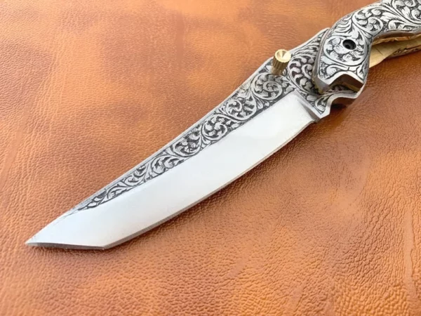 Custom Hand Made Damascus Steel Hunting Pocket Knife with Brass Engraved Handle Fk 56 5