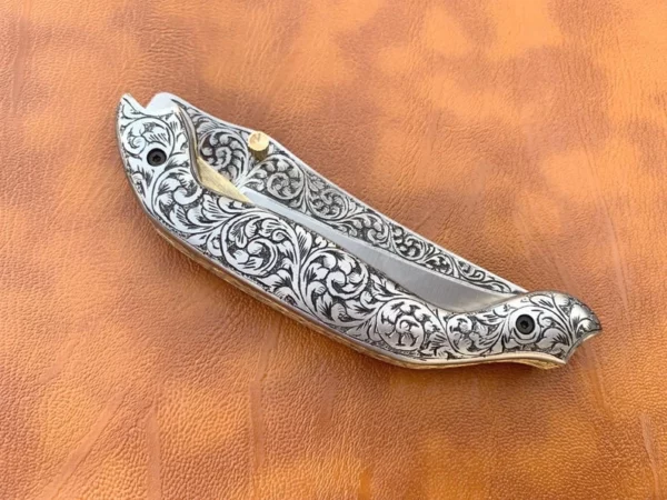 Custom Hand Made Damascus Steel Hunting Pocket Knife with Brass Engraved Handle Fk 56 6