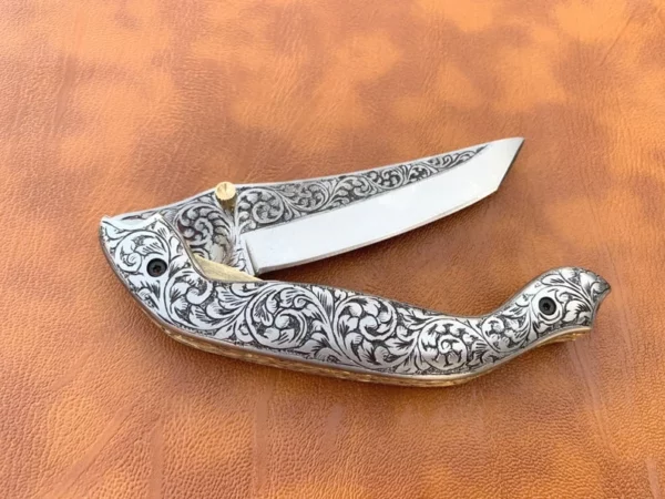 Custom Hand Made Damascus Steel Hunting Pocket Knife with Brass Engraved Handle Fk 56 7