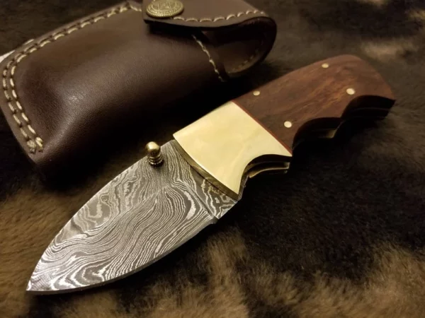 Custom Hand Made Damascus Steel Hunting Pocket Knife with Rose Wood Handle Fk 65 1