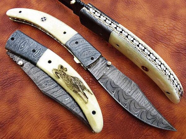 Custom Hand Made Damascus Steel Hunting pocket Knife with Ram Etched on Camel Bone Handle Fk 64 1