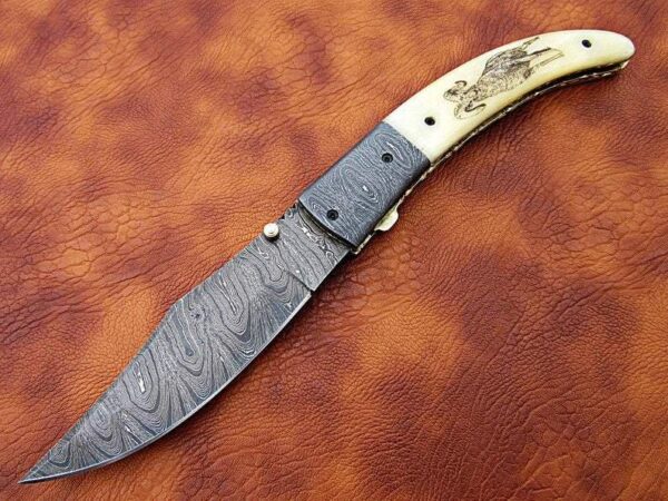 Custom Hand Made Damascus Steel Hunting pocket Knife with Ram Etched on Camel Bone Handle Fk 64 2