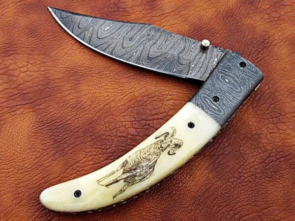 Custom Hand Made Damascus Steel Hunting pocket Knife with Ram Etched on Camel Bone Handle Fk 64 3