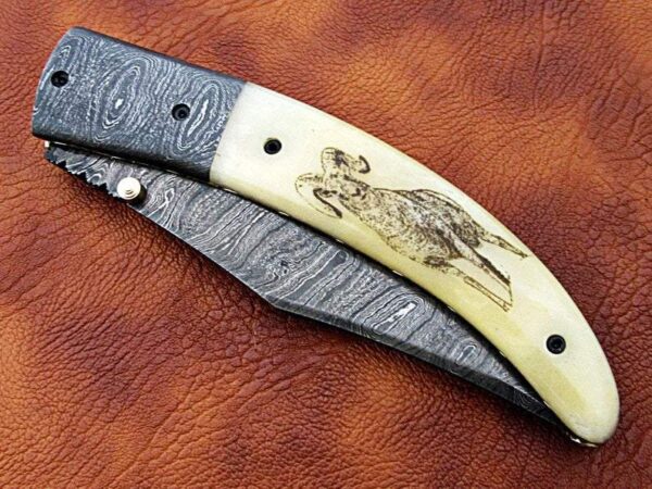 Custom Hand Made Damascus Steel Hunting pocket Knife with Ram Etched on Camel Bone Handle Fk 64 4