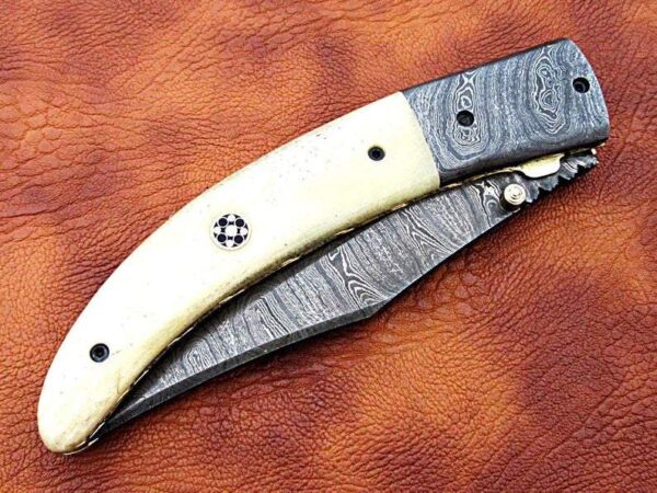 Custom Hand Made Damascus Steel Hunting pocket Knife with Ram Etched on Camel Bone Handle Fk 64 5