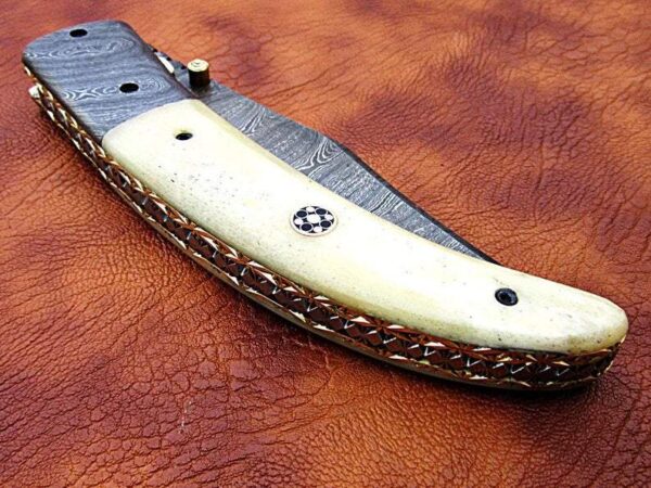 Custom Hand Made Damascus Steel Hunting pocket Knife with Ram Etched on Camel Bone Handle Fk 64 8