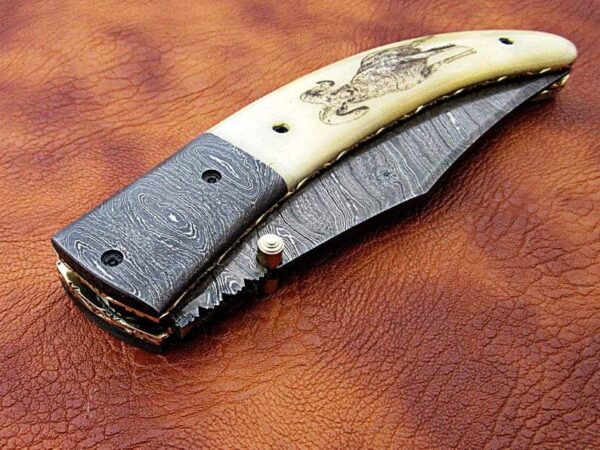 Custom Hand Made Damascus Steel Hunting pocket Knife with Ram Etched on Camel Bone Handle Fk 64 9