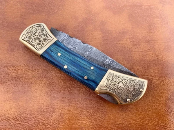 Custom Hand Made Damascus Steel Hunting pocket knife With Colored Wood Handle FK 19 10