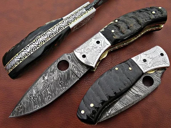 Custom Hand Made Damascus Steel Pocket Knife With Beautiful Ram Horn Handle FK 1 1