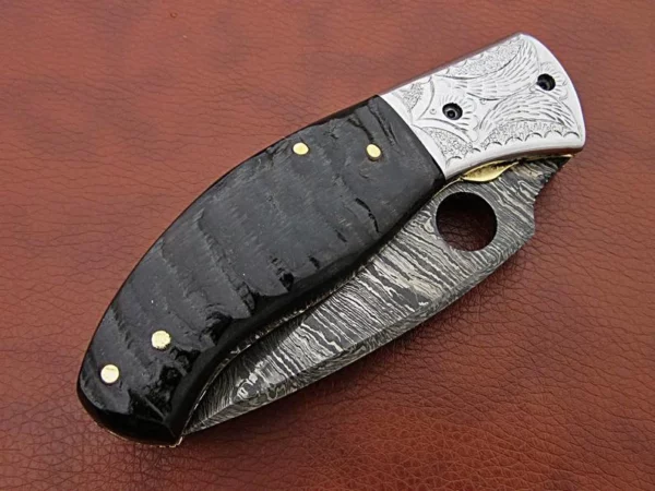Custom Hand Made Damascus Steel Pocket Knife With Beautiful Ram Horn Handle FK 1 3