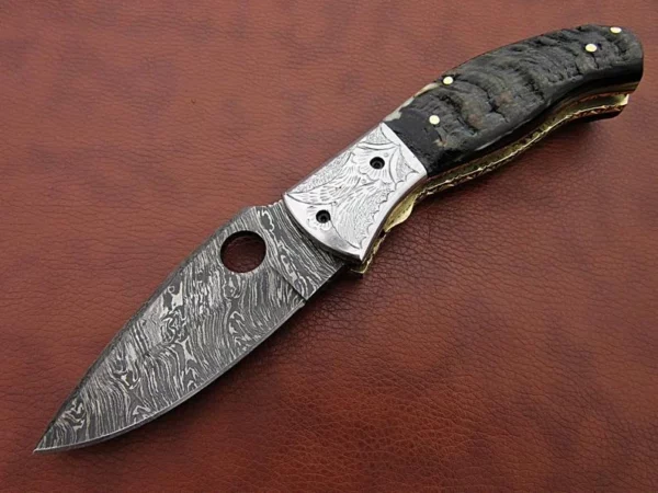 Custom Hand Made Damascus Steel Pocket Knife With Beautiful Ram Horn Handle FK 1 4
